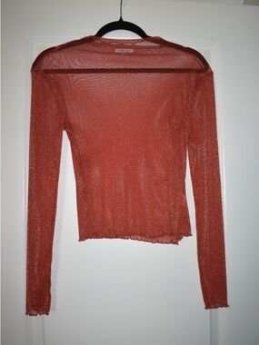 Y2K Rave Indie Festival Semi-Sheer Long-Sleeve Mesh Top in Rust Size Small
